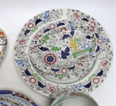 A collection of Spode Ironstone and pottery blue tea and dinnerware, including a pair of oval boat shaped sauce tureens and covers and a pair of shell shaped dessert dishes